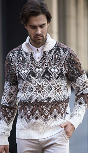 Pulltonic бежевый мужской свитер с красивым узором Турция Пуллтоник свитера с животными оптом и в розницу в Москве в Шерсть ягненка 