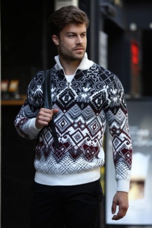 Москва Pulltonic бежевый мужской свитер с орнаментом Турция размер M L XL джемпер пуловер Свитер Пуллтоник свитера оптом  Шерсть ягненка 