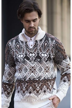 Pulltonic бежевый мужской свитер с красивым узором Турция Пуллтоник свитера с животными оптом и в розницу в Москве в Шерсть ягненка 